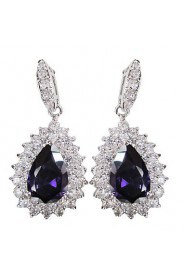 Gorgeous Purple Platinum Plated With Drops Shape Cubic Zirconia Earrings