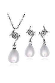 Fashion Drop Shape Copper Silver Plated Foreign Trade Zircon Pearl Jewelry Sets(White)(1Set)