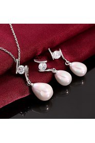 Fashion Drop Shape Copper Silver Plated Foreign Trade Zircon Pearl Jewelry Sets(White)(1Set)