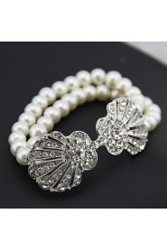 Vintage Luxurious Shell Diamond Pearl Flower Silver Bracelet For Women Lades Bridal Birthday GIft Party Beach Wedding