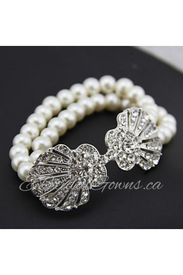 Vintage Luxurious Shell Diamond Pearl Flower Silver Bracelet For Women Lades Bridal Birthday GIft Party Beach Wedding