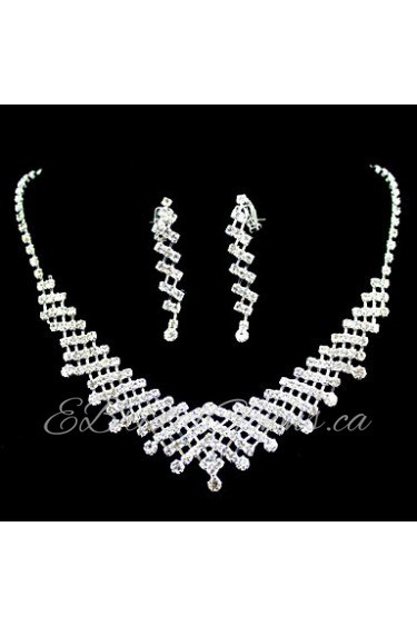 Ladies Crystal In Sliver Alloy Wedding Jewelry Set With Necklace & Earrings