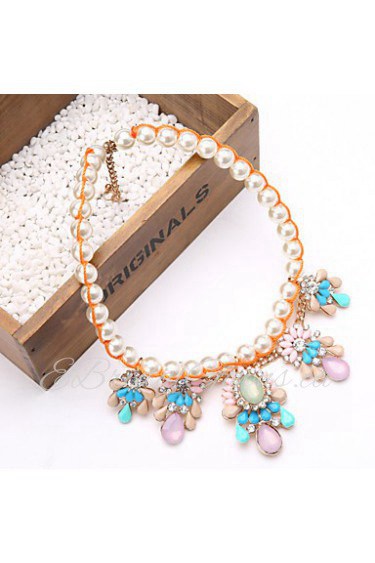 New Multilayer Pearl Gemstone Flower Teardrop Pendant Statement Necklace