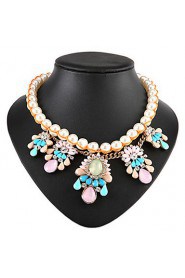 New Multilayer Pearl Gemstone Flower Teardrop Pendant Statement Necklace