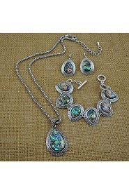 Vintage Shell Jewelry Set Metal with Antique Silver Plated Drop Shell Necklace Earring and Bracelet Set