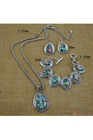 Vintage Shell Jewelry Set Metal with Antique Silver Plated Drop Shell Necklace Earring and Bracelet Set