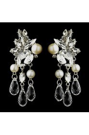 Vintage Women's Water Dorp Earrings Pearls Diamond Long Silver Earring For Wedding Bridal