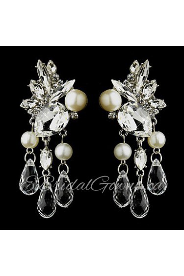 Vintage Women's Water Dorp Earrings Pearls Diamond Long Silver Earring For Wedding Bridal