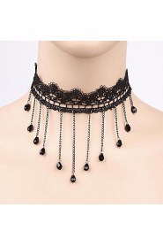 Lace Black Crystal Droplets Clavicle Chain Tassel Necklace