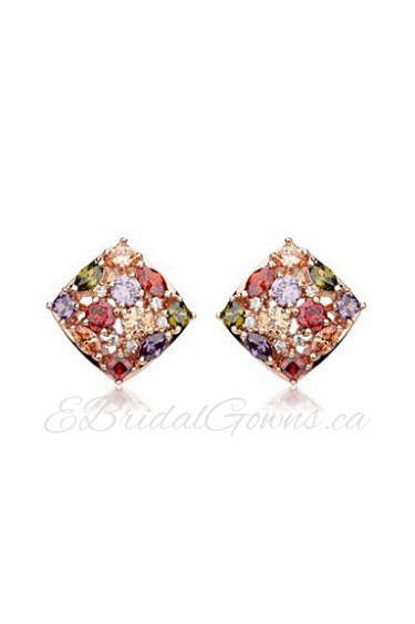 Brass Vermeil Plated With Cubic Zirconia Rhombus Stud Earrings