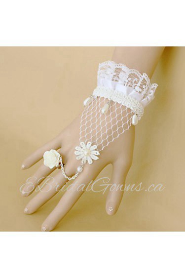 Fashion White Rose Lace Pearl Bracelet Ring Set