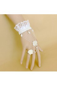 Fashion White Rose Lace Pearl Bracelet Ring Set