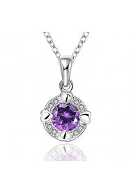 Round Shape Silver Plated Necklace with Zircon Pendant (2 color)(1Pc)