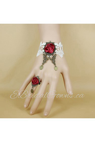 Gothic Retro Butterfly Lace White Wine Red Roses Bracelet Ring Set