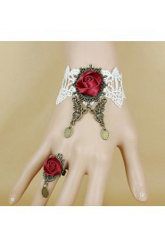 Gothic Retro Butterfly Lace White Wine Red Roses Bracelet Ring Set