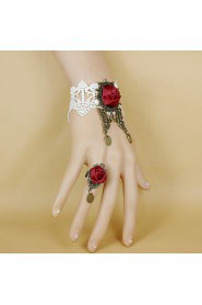 Gothic Retro Butterfly Lace White Wine Red Roses Bracelet Ring Set