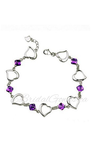 Ladies' Silver With Cubic Zirconia Heart Chain Bracelet