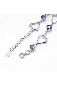 Ladies' Silver With Cubic Zirconia Heart Chain Bracelet