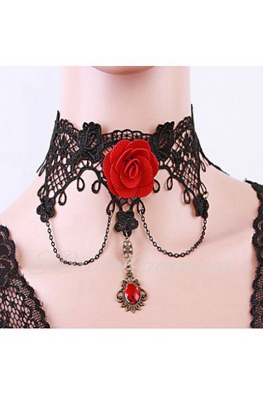 Ladies' Black Lace Red Roses Necklace