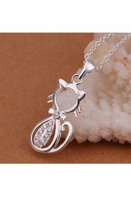 Simple Animal Shape Pendant Silver Plated Cat Silver Pendant Necklace(White)(1Pc)