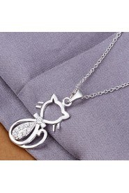 Simple Animal Shape Pendant Silver Plated Cat Silver Pendant Necklace(White)(1Pc)