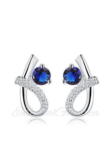 Fashion Round Shape Copper Silver Plated Zircon Earring Studs(White,Blue)(1Pr)