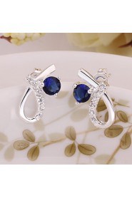 Fashion Round Shape Copper Silver Plated Zircon Earring Studs(White,Blue)(1Pr)