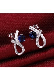 Fashion Round Shape Copper Silver Plated Zircon Earring Studs(White,Blue)(1Pr)