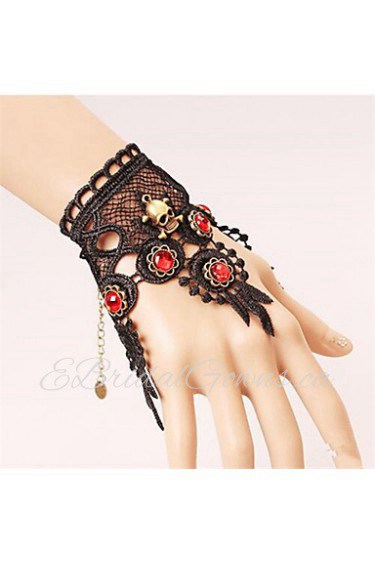 Vintage Black Lace Skull Head With Red Crystal Bracelet