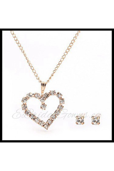 Small Delicate Gold Chain Crystal Necklace Heart Pendant with Stud Earrings Women's Jewelry set