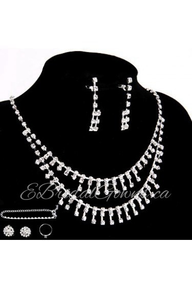 Wedding/Party Jewelry Sets Crystal Chain Necklace Ring Bracelet Drop Earrings Sets with 2 Pairs of Rhinestone Earrings