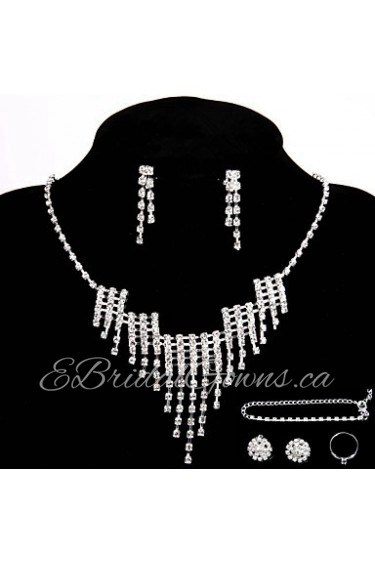 Wedding/Party Jewelry Sets Crystal Chain Necklace Ring Bracelet Earrings Sets with 2 Pairs of Rhinestone Earrings