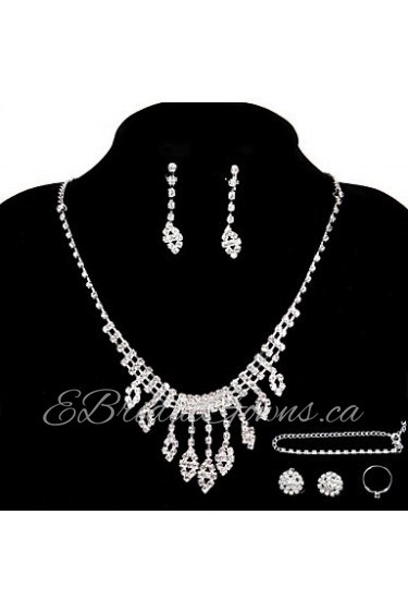 Wedding/Party Jewelry Sets Crystal Chain Necklace Ring Bracelet Drop Earrings Sets with 2 Pairs of Rhinestone Earrings