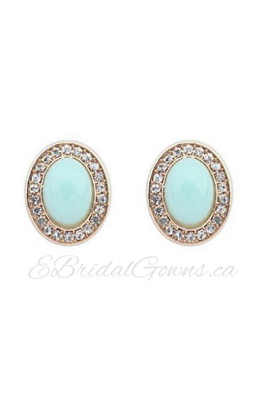 Romatic Oval Candy Color Stone White Rhinestone Stud Earrings Retro Women Shinning Jewelry