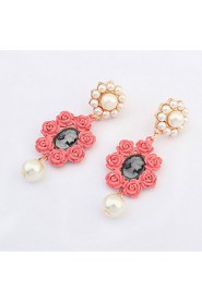 Super Retro Black Red Rose Flower and Perfectly Round Imitation Pearl Stud Earrings for Vintage Women