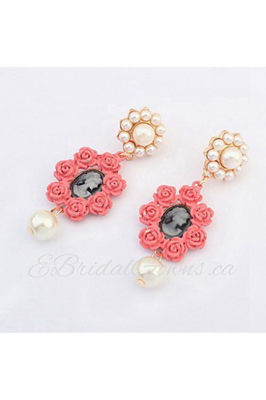 Super Retro Black Red Rose Flower and Perfectly Round Imitation Pearl Stud Earrings for Vintage Women