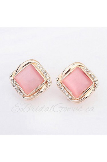 Hot Fashion Women Fine Jewelry Super Beautiful Square Pink White Opal Stone Alloy Pierced Rhinestone Stud Earrings