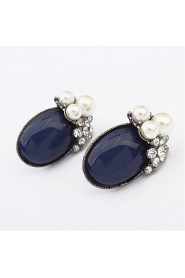 Fashion Women Jewelry Oval Ear Studs White Pink Blue Rhinestone Earrings With Round Simulated Pearl