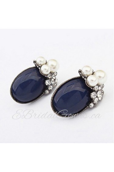 Fashion Women Jewelry Oval Ear Studs White Pink Blue Rhinestone Earrings With Round Simulated Pearl