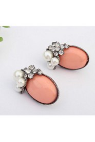 Fashion Women Jewelry Oval Ear Studs White Pink Blue Rhinestone Earrings With Round Simulated Pearl