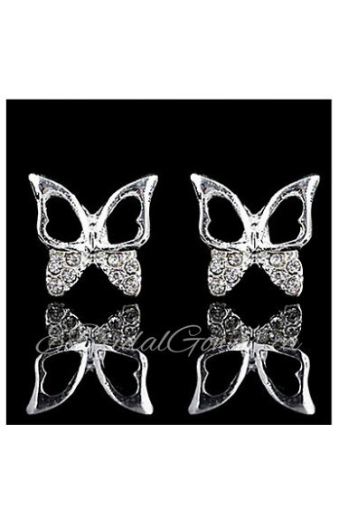 Fashion Pierced Butterfly Clear Rhinestone With Silver Alloy Stud Earrings