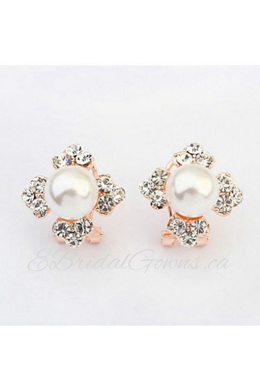 Korean Fashion Four Leaf Flower Clover Bright Simulated Pearl Alloy Earrings Women Wonderful Rhinestone Jewelry