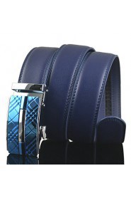 Men Blue Automatic Buckle Genuine Leather Wide Belt Waist Strap,Work/ Casual