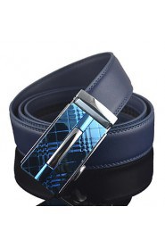 Men Blue Automatic Buckle Genuine Leather Wide Belt Waist Strap,Work/ Casual