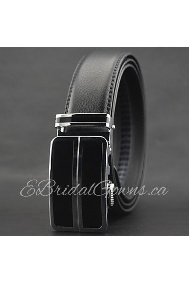 Men Black Business Automatic Buckle Leather Wide Belt,Work/ Casual