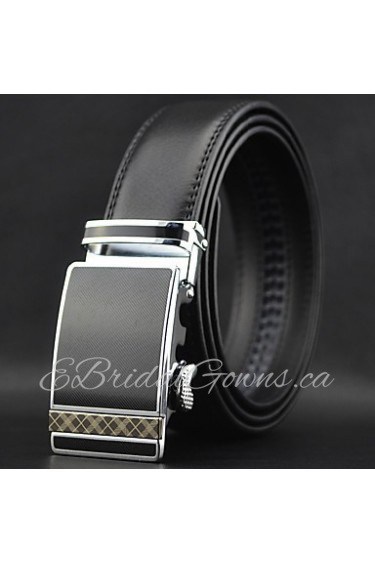 Men Black Automatic Buckle Genuine Leather Wide Belt Waist Strap,Work/ Casual