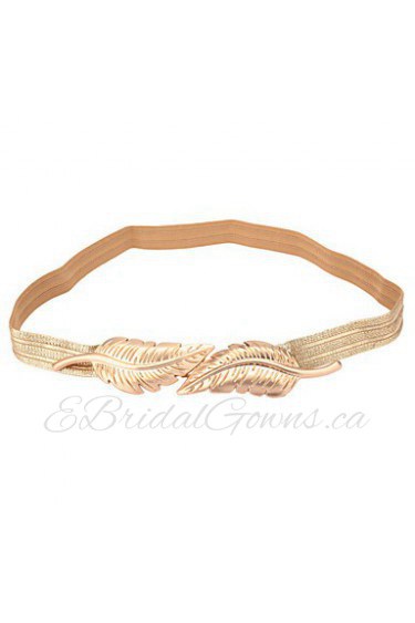 Women Belt Leaves Clasp Front Stretch Skinny Elastic Belt Waist Strap Gold