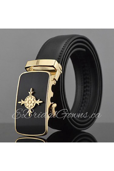 Men Fashion Automatic Buckle Genuine Leather Wide Belt,Work/ Casual Gold/ Silver