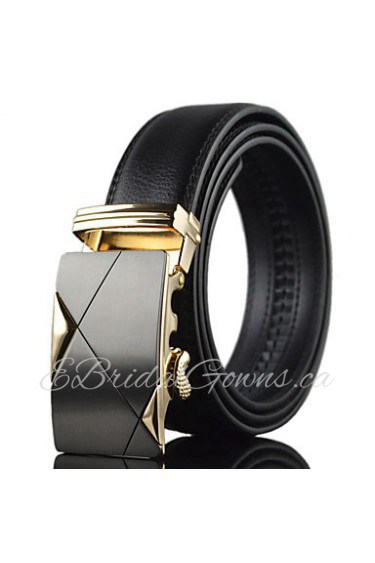 Men Black Simple Automatic Buckle Genuine Leather Wide Belt Waist Strap,Work/ Casual