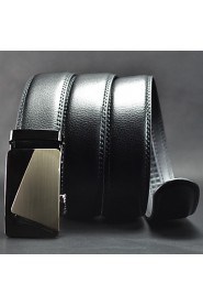 Men Simple Black Business Automatic Buckle Leather Wide Belt,Work/ Casual